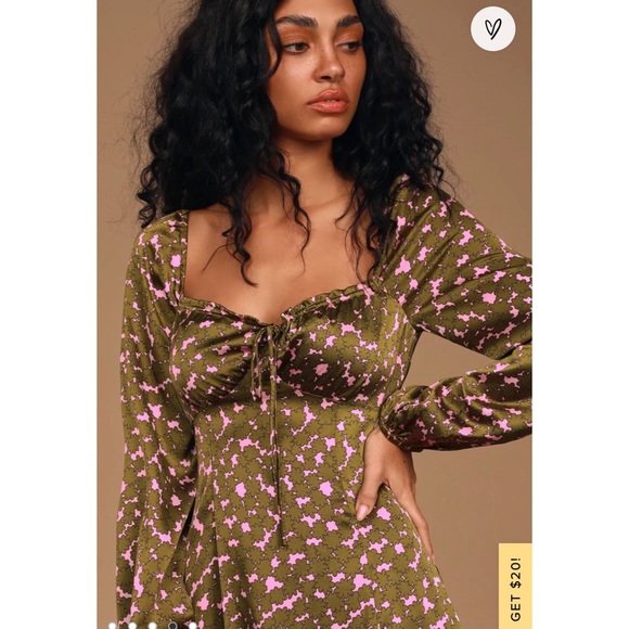 NWOT-LULUS Pink and Green Floral Print Satin Dress - Picture 4 of 5